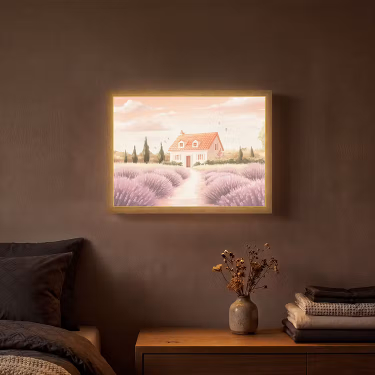 Lavendelveld - Huis - Paars Light Box met batterij (Wandlamp) middel -sfeer4