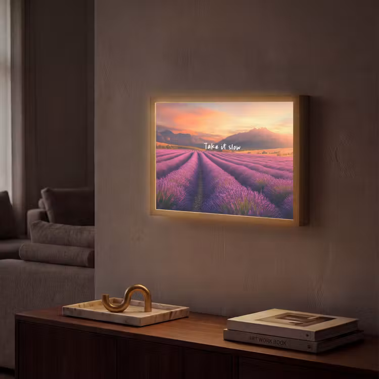 Lavendelveld - Quote - Zonsondergang Light Box met batterij (Wandlamp) middel -sfeer1