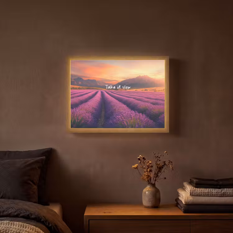 Lavendelveld - Quote - Zonsondergang Light Box met batterij (Wandlamp) middel -sfeer4