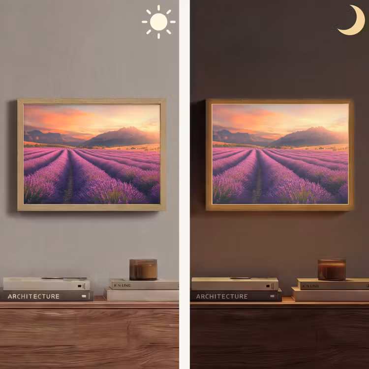 Lavendelveld - Zonsondergang - Paars Light Box met batterij (Wandlamp) middel -sfeer3
