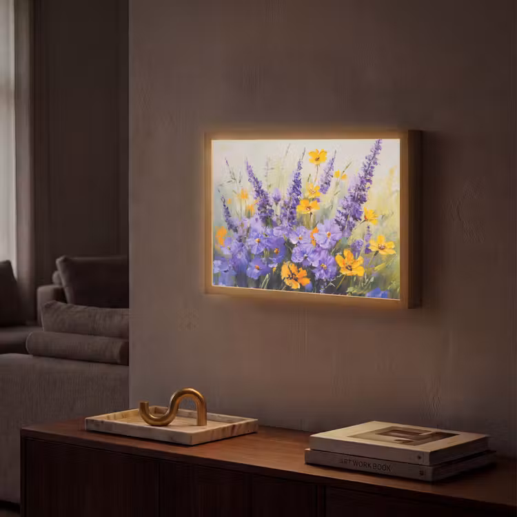 Lavendel - Bloemen - Natuur - Kunst Light Box met batterij (Wandlamp) middel -sfeer1