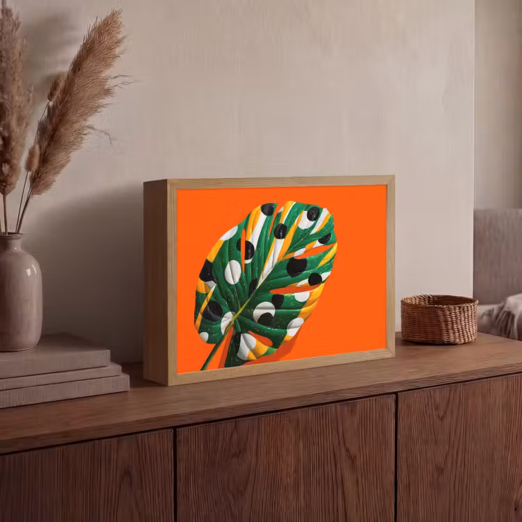 Blad - Oranje - Stippen - Kleurrijk Light Box met batterij (Wandlamp) middel -sfeer2