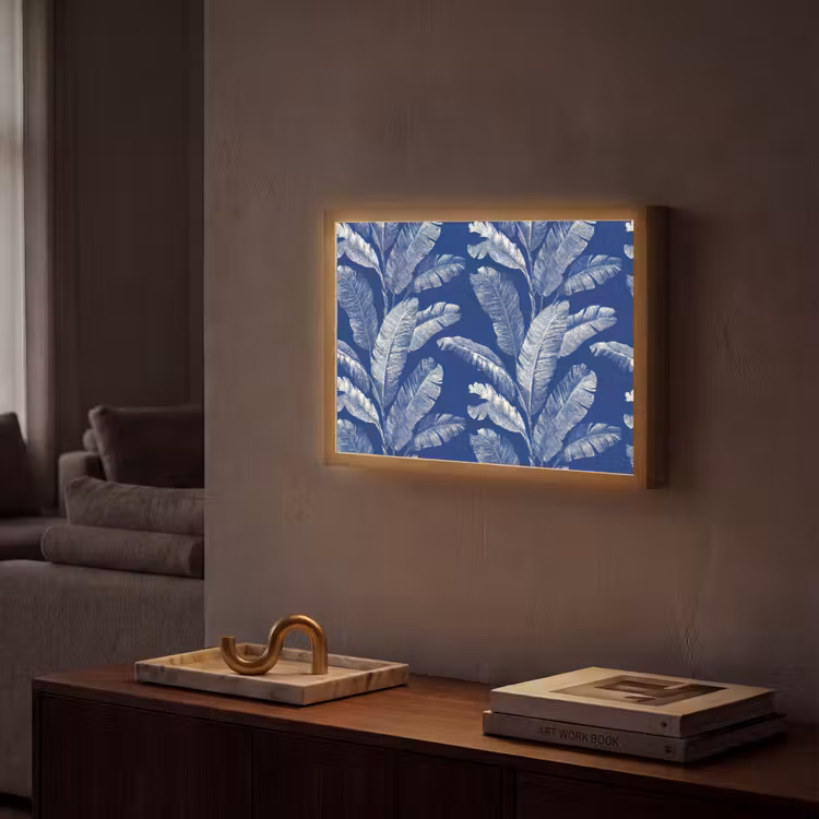 Blad - Palm - Blauw Light Box met batterij (Wandlamp) middel 907 -sfeer1