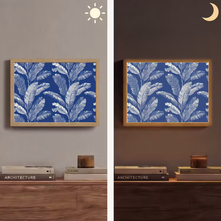 Blad - Palm - Blauw Light Box met batterij (Wandlamp) middel 907 -sfeer3