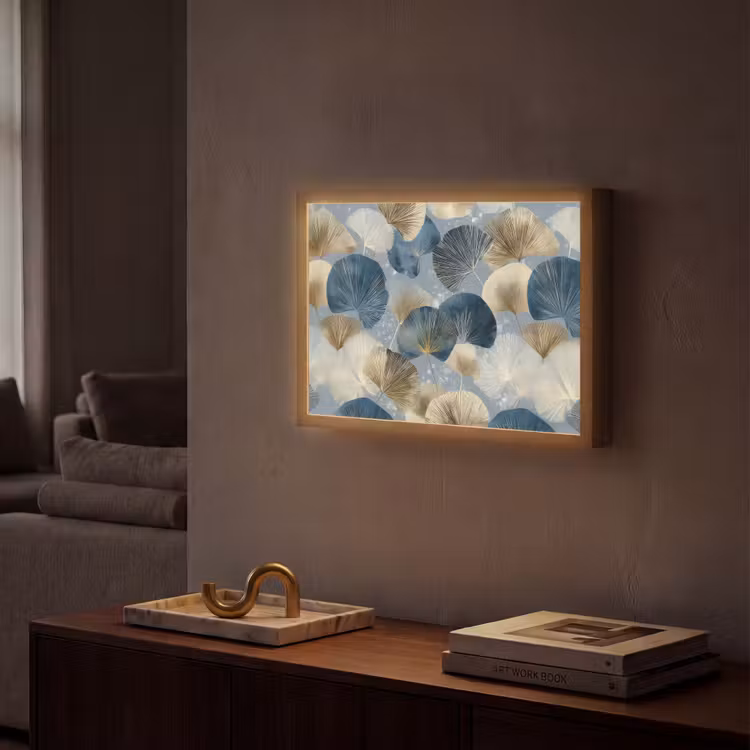 Bladeren - Abstract - Goud - Blauw Light Box met batterij (Wandlamp) middel -sfeer1