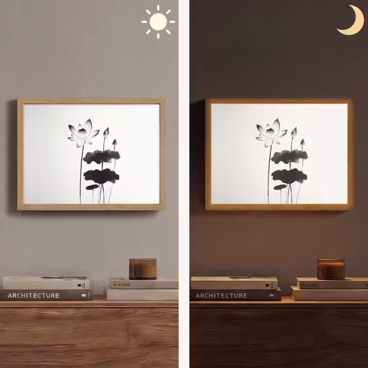 Bladeren - Zwart - Lotusbloem - Minimalitisch Light Box met batterij (Wandlamp) middel -sfeer3