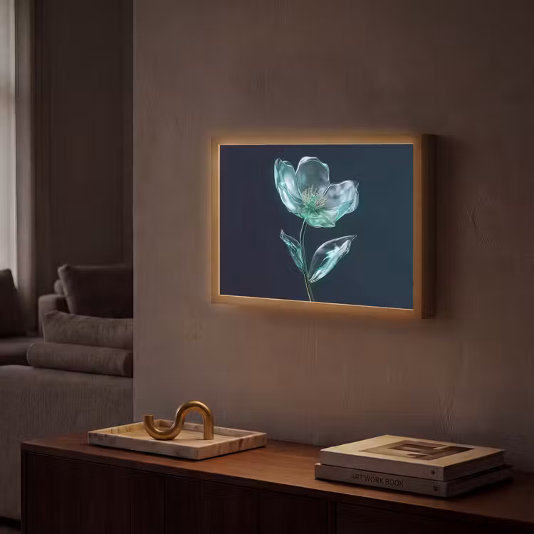 Bladeren - Bloem - Glazen - Donkerblauw Light Box met batterij (Wandlamp) middel -sfeer1