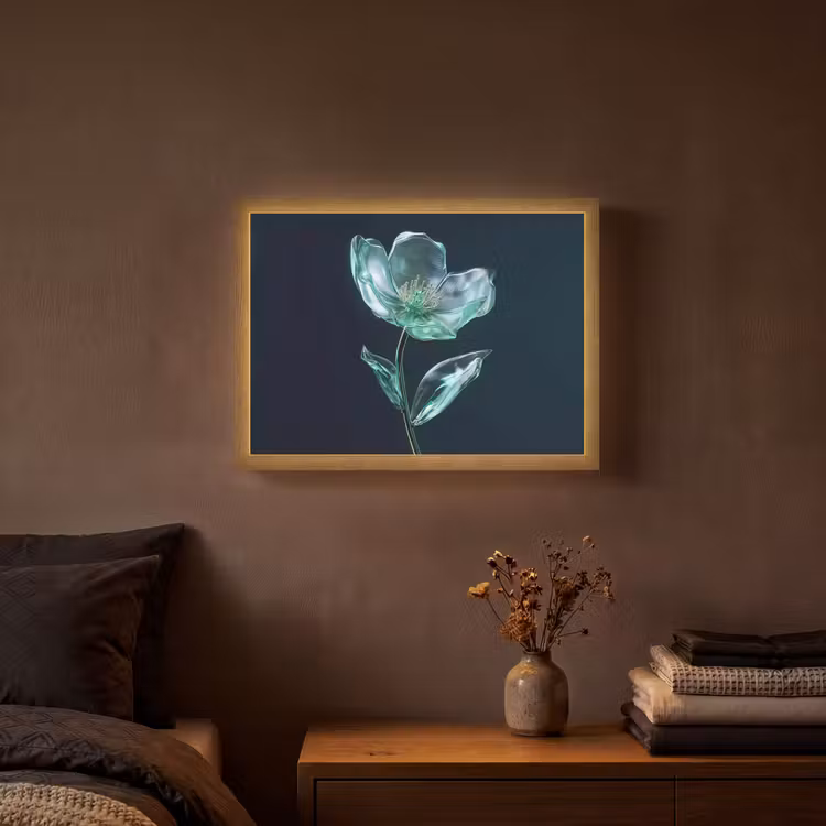 Bladeren - Bloem - Glazen - Donkerblauw Light Box met batterij (Wandlamp) middel -sfeer4