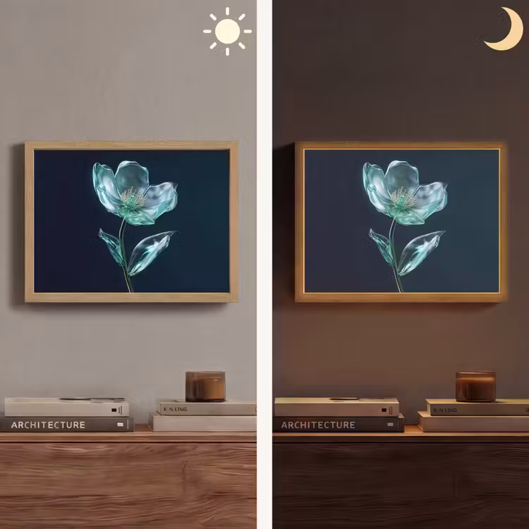 Bladeren - Bloem - Glazen - Donkerblauw Light Box met batterij (Wandlamp) middel -sfeer3