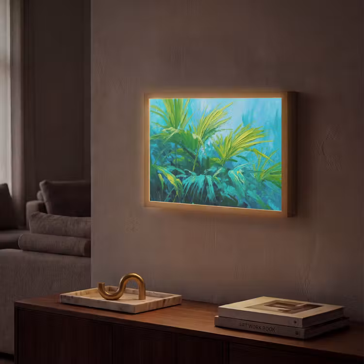 Bladeren - Groen - Schilderij - Abstract Light Box met batterij (Wandlamp) middel -sfeer1