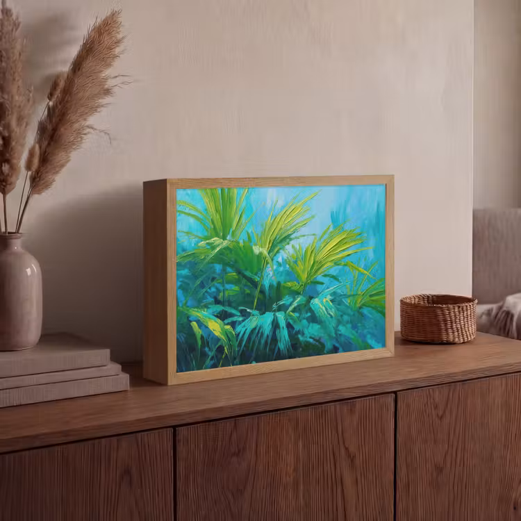 Bladeren - Groen - Schilderij - Abstract Light Box met batterij (Wandlamp) middel -sfeer2