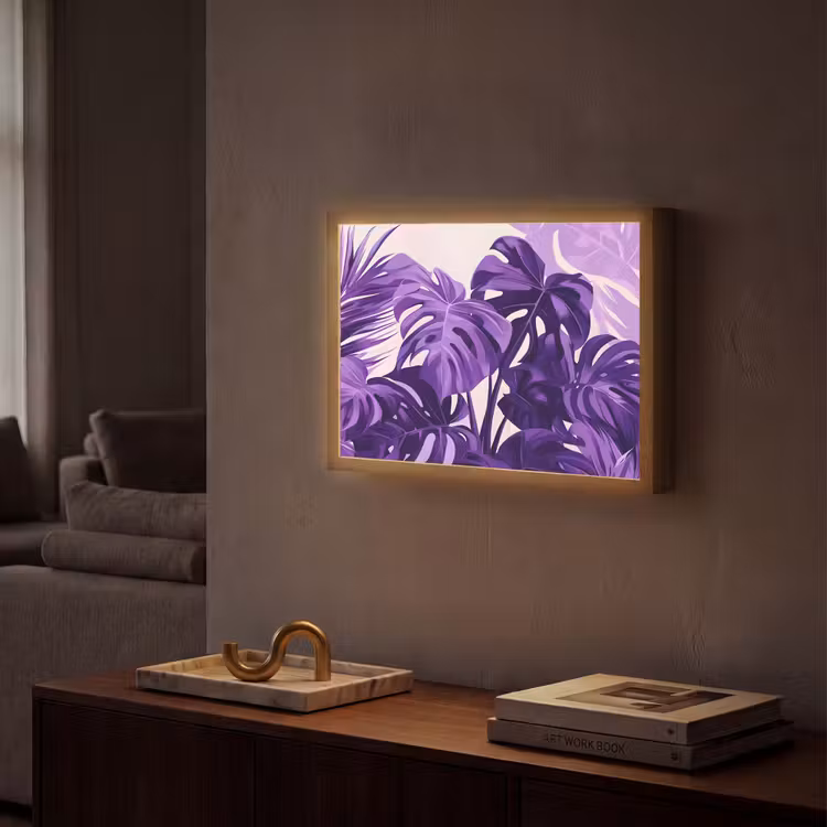 Bladeren - Paars - Tropisch - Abstract Light Box met batterij (Wandlamp) middel -sfeer1