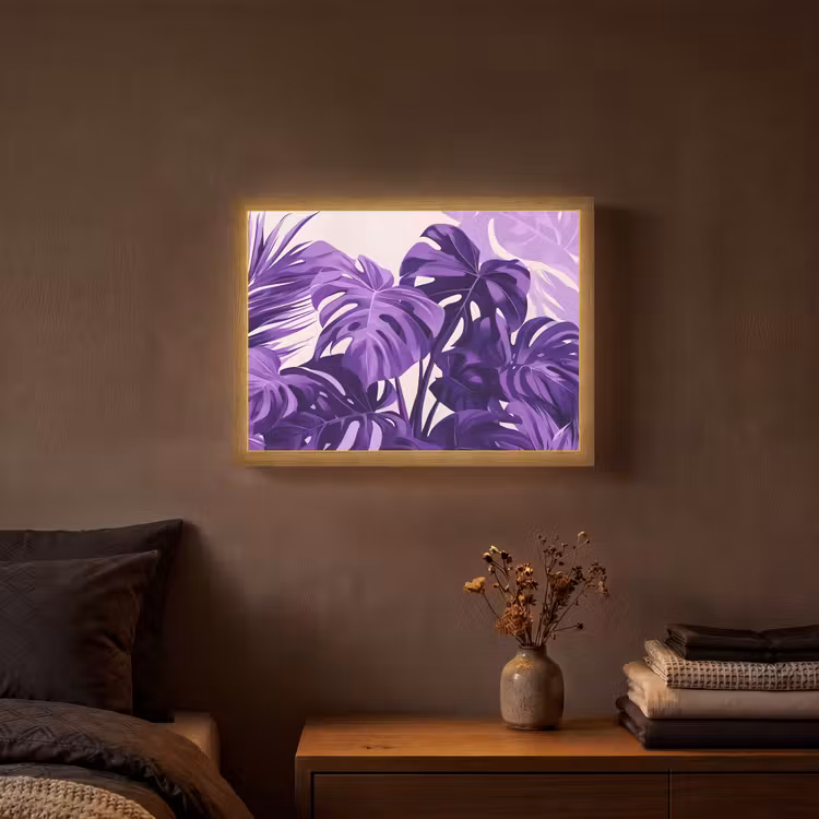 Bladeren - Paars - Tropisch - Abstract Light Box met batterij (Wandlamp) middel -sfeer4