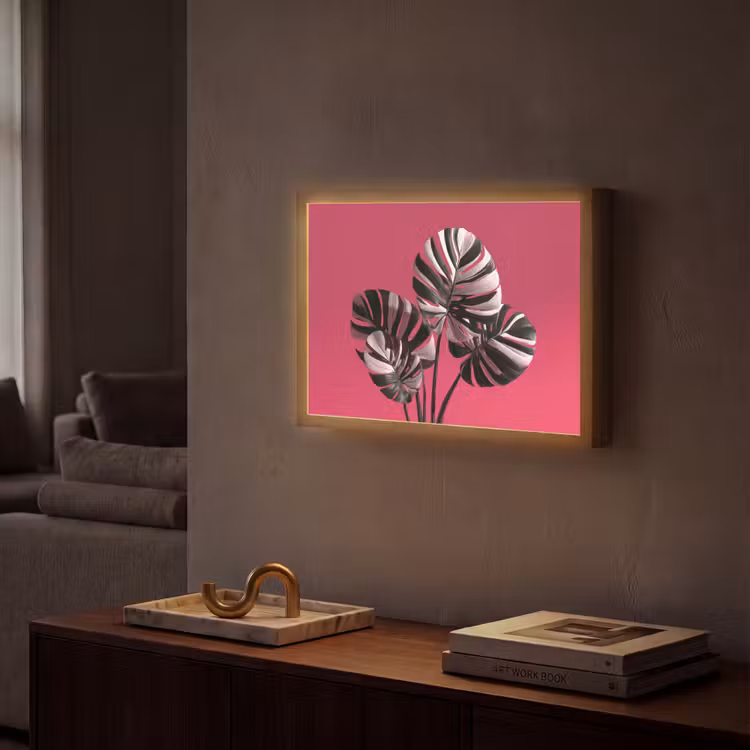 Bladeren - Rond - Roze Light Box met batterij (Wandlamp) middel -sfeer1