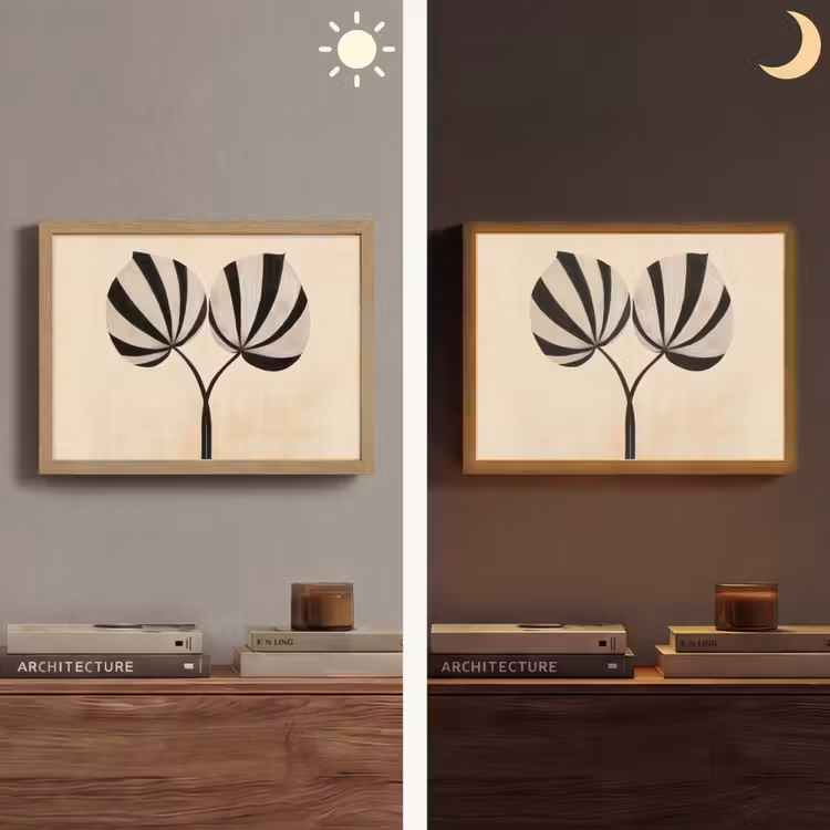 Bladeren - Gestreept - Stengel - Beige Light Box met batterij (Wandlamp) middel -sfeer3