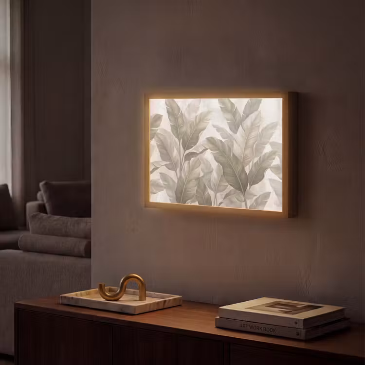 Bladeren - Tropisch - Natuur - Abstract - Beige Light Box met batterij (Wandlamp) middel -sfeer1