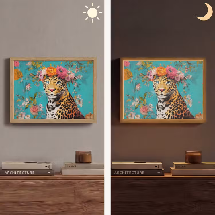 Luipaard - Bloemen - Kroon Light Box met batterij (Wandlamp) middel -sfeer3