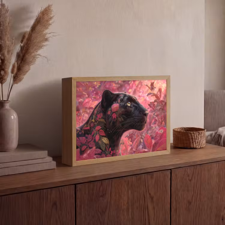 Luipaard - Bloemen - Roze Light Box met batterij (Wandlamp) middel -sfeer2