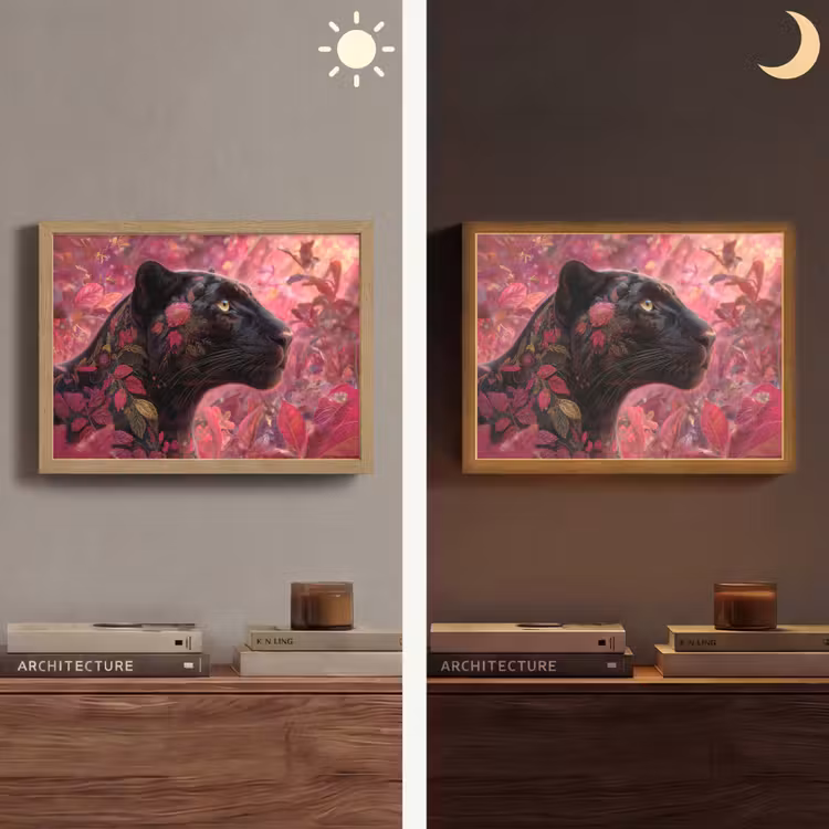 Luipaard - Bloemen - Roze Light Box met batterij (Wandlamp) middel -sfeer3