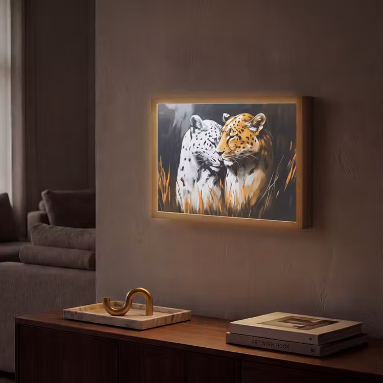 Luipaard - Oranje - Wit - Gras Light Box met batterij (Wandlamp) middel -sfeer1