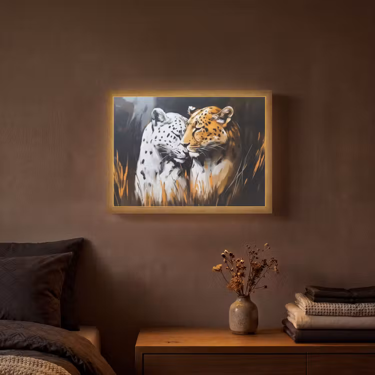 Luipaard - Oranje - Wit - Gras Light Box met batterij (Wandlamp) middel -sfeer4