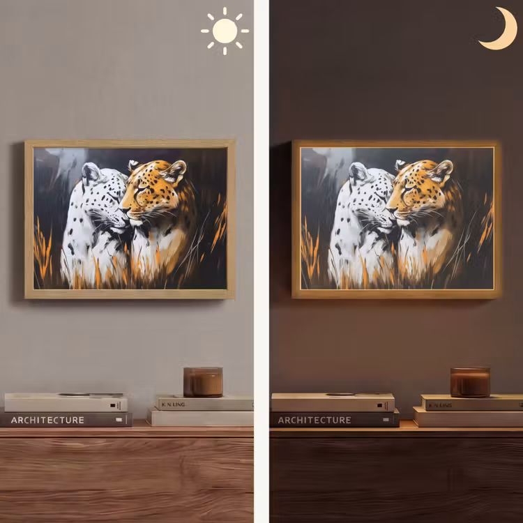 Luipaard - Oranje - Wit - Gras Light Box met batterij (Wandlamp) middel -sfeer3