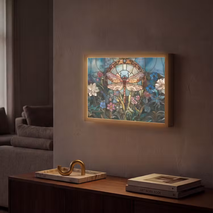 Libelle - Mozaïek - Bloemen - Kleurrijk Light Box met batterij (Wandlamp) middel -sfeer1