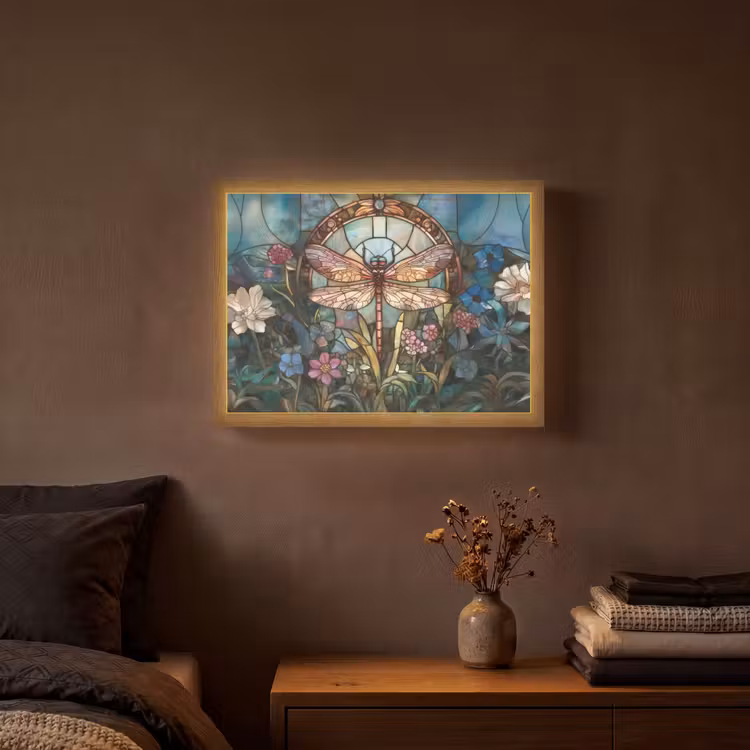 Libelle - Mozaïek - Bloemen - Kleurrijk Light Box met batterij (Wandlamp) middel -sfeer4