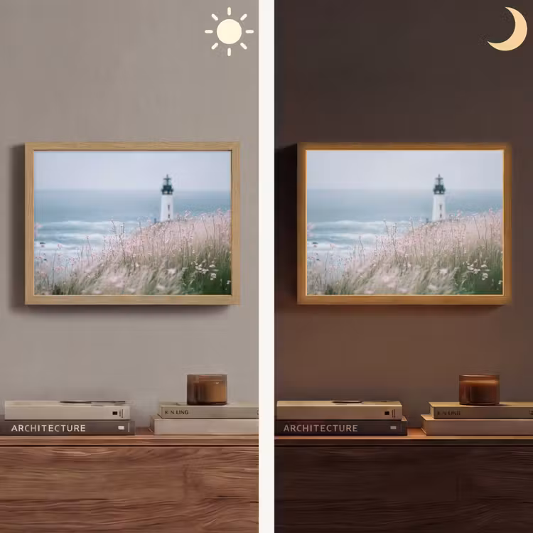 Vuurtoren - Klif - Zee - Bloemen Light Box met batterij (Wandlamp) middel -sfeer3