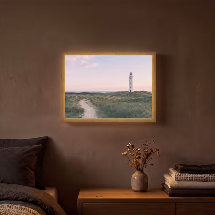 Vuurtoren - Duinlandschap - Zee Light Box met batterij (Wandlamp) middel -sfeer4