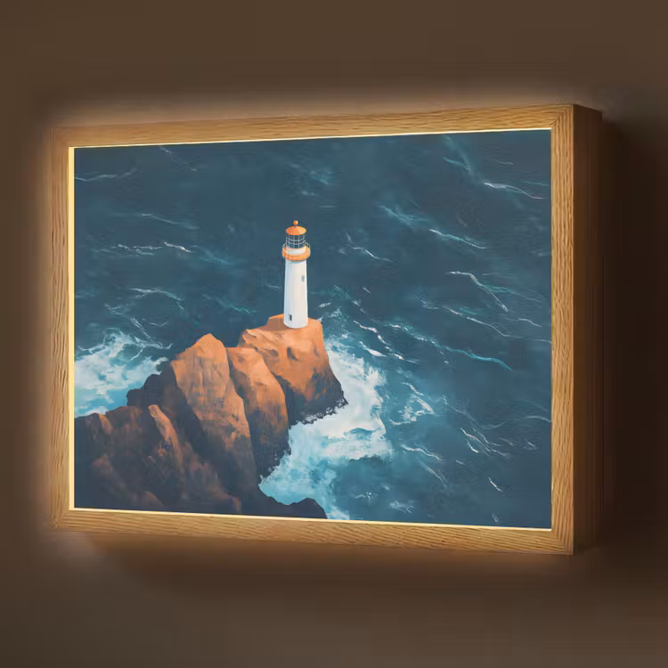 Vuurtoren - Rots - Zee - Golven Light Box met batterij (Wandlamp) middel -z3d_website