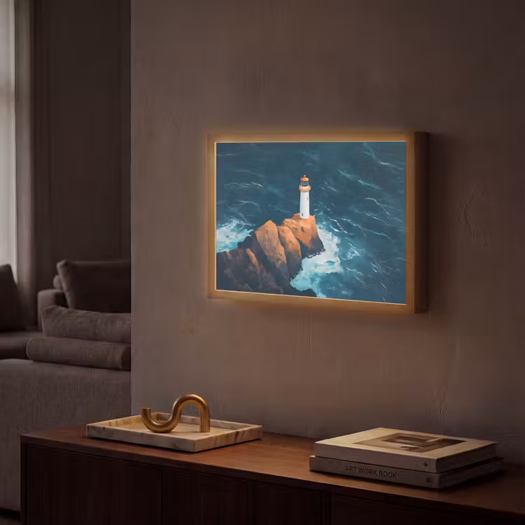 Vuurtoren - Rots - Zee - Golven Light Box met batterij (Wandlamp) middel -sfeer1