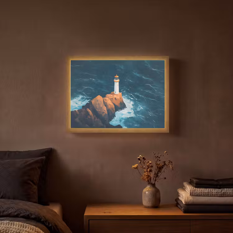 Vuurtoren - Rots - Zee - Golven Light Box met batterij (Wandlamp) middel -sfeer4
