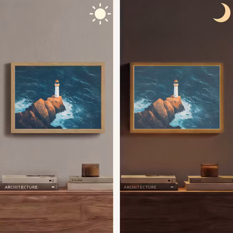 Vuurtoren - Rots - Zee - Golven Light Box met batterij (Wandlamp) middel -sfeer3