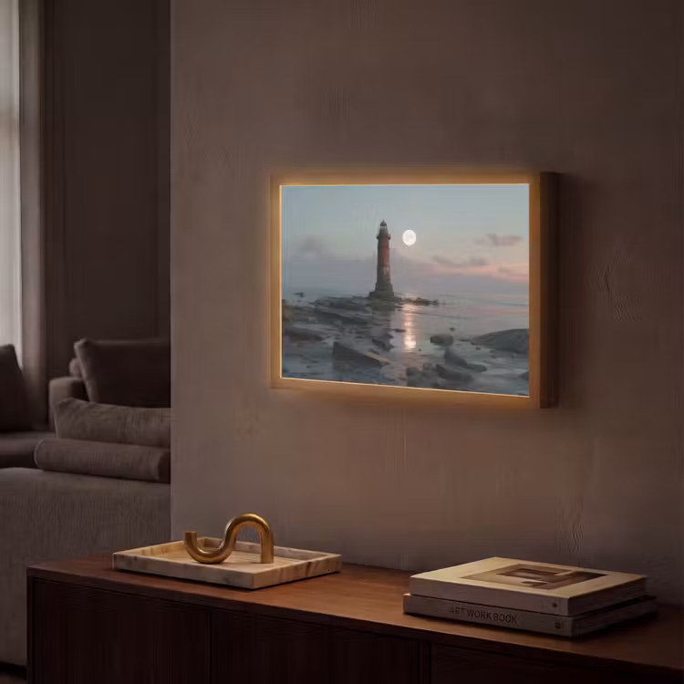 Vuurtoren - Stenen - Water - Maan Light Box met batterij (Wandlamp) middel -sfeer1