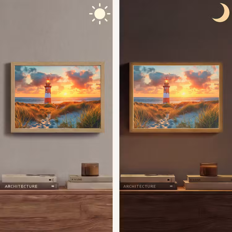 Vuurtoren - Zonsondergang - Duinen - Horizon Light Box met batterij (Wandlamp) middel -sfeer3