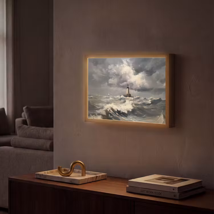 Vuurtoren - Golven - Storm Light Box met batterij (Wandlamp) middel -sfeer1