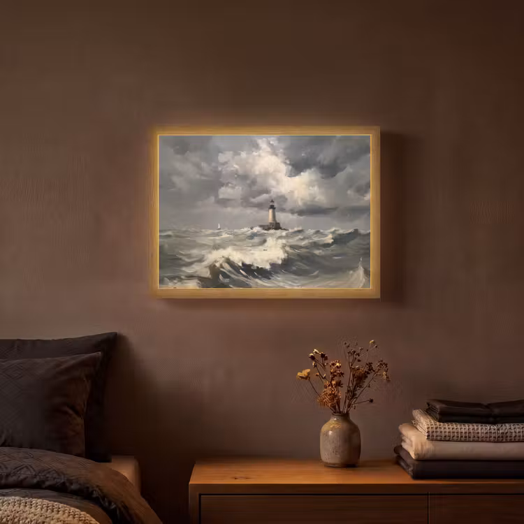 Vuurtoren - Golven - Storm Light Box met batterij (Wandlamp) middel -sfeer4