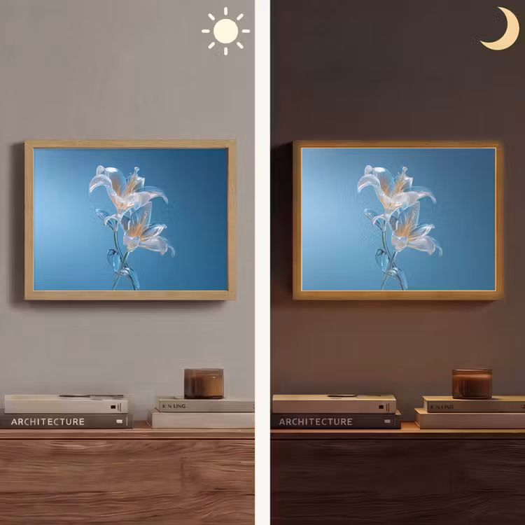 Lelies - Blauw - Glazen Light Box met batterij (Wandlamp) middel -sfeer3