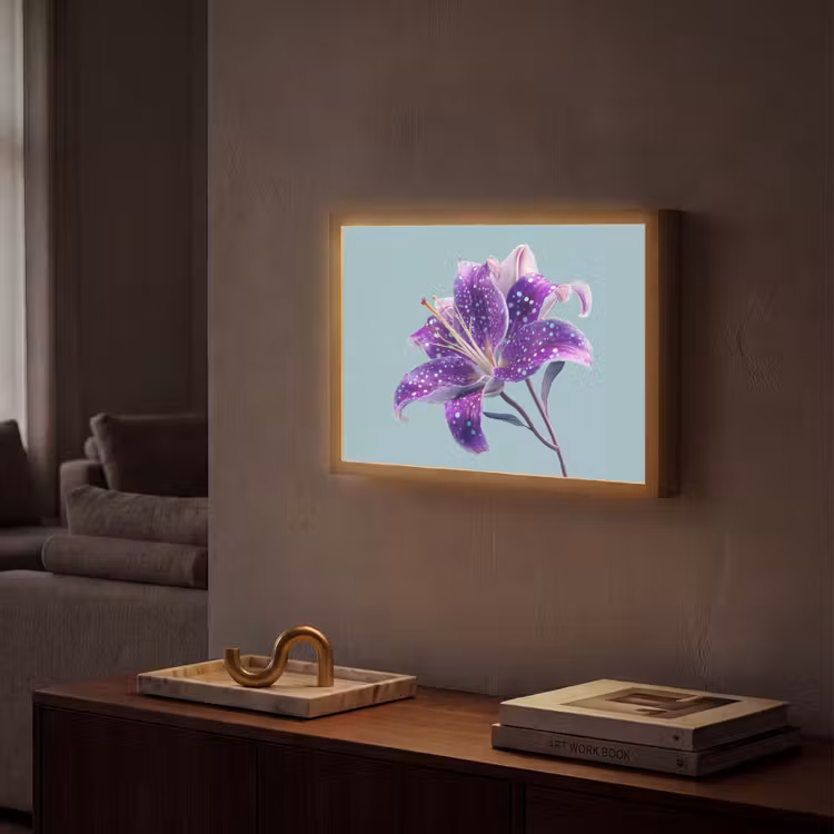 Lelie - Bloem - Paars - Stippen Light Box met batterij (Wandlamp) middel -sfeer1