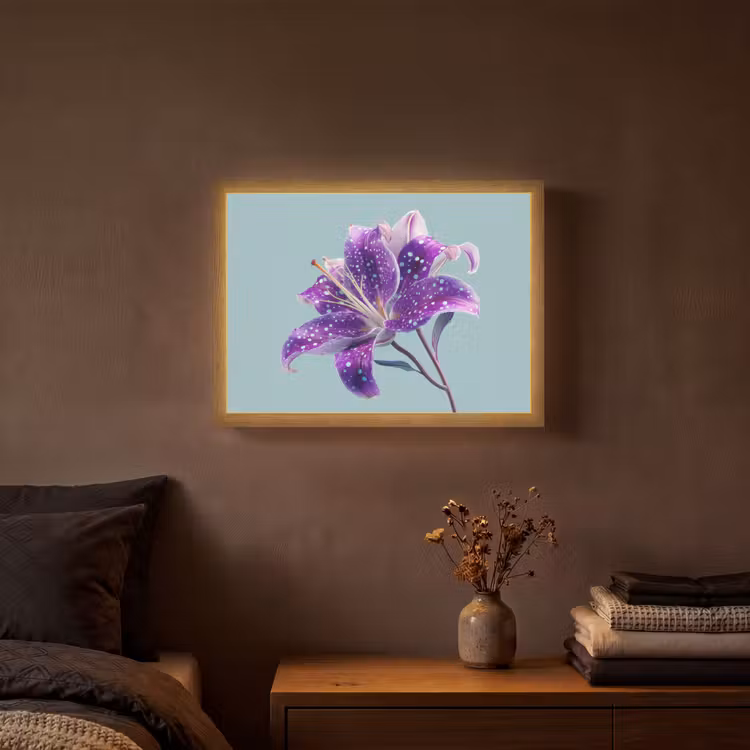 Lelie - Bloem - Paars - Stippen Light Box met batterij (Wandlamp) middel -sfeer4