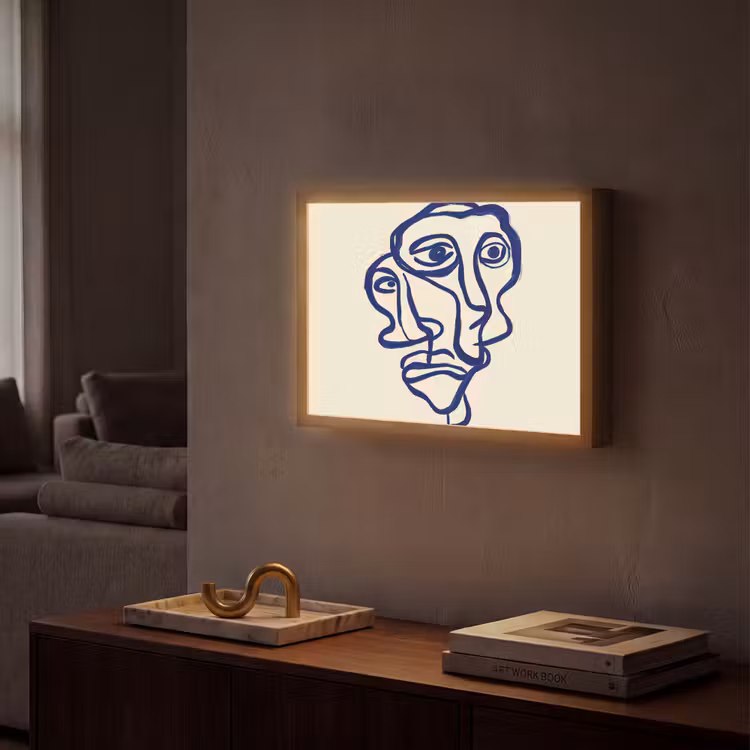 Lijntekening - Overlappende gezichten - Donkerblauw Light Box met batterij (Wandlamp) middel -sfeer1