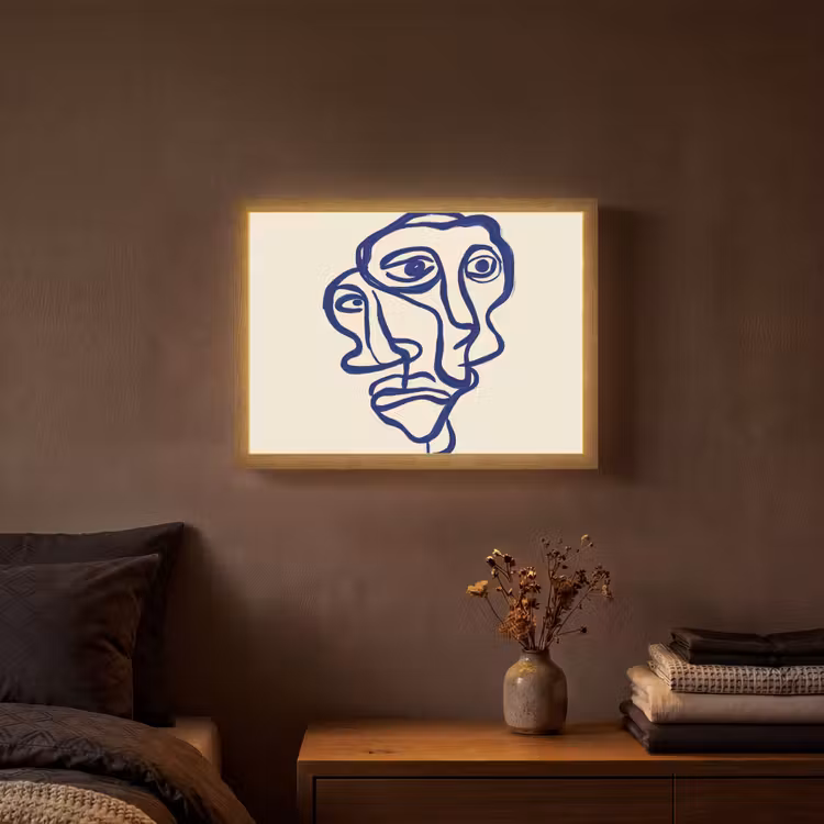 Lijntekening - Overlappende gezichten - Donkerblauw Light Box met batterij (Wandlamp) middel -sfeer4