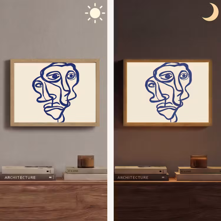 Lijntekening - Overlappende gezichten - Donkerblauw Light Box met batterij (Wandlamp) middel -sfeer3