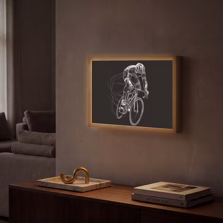 Lijntekening - Wit - Wielrennen - Snelheid Light Box met batterij (Wandlamp) middel -sfeer1