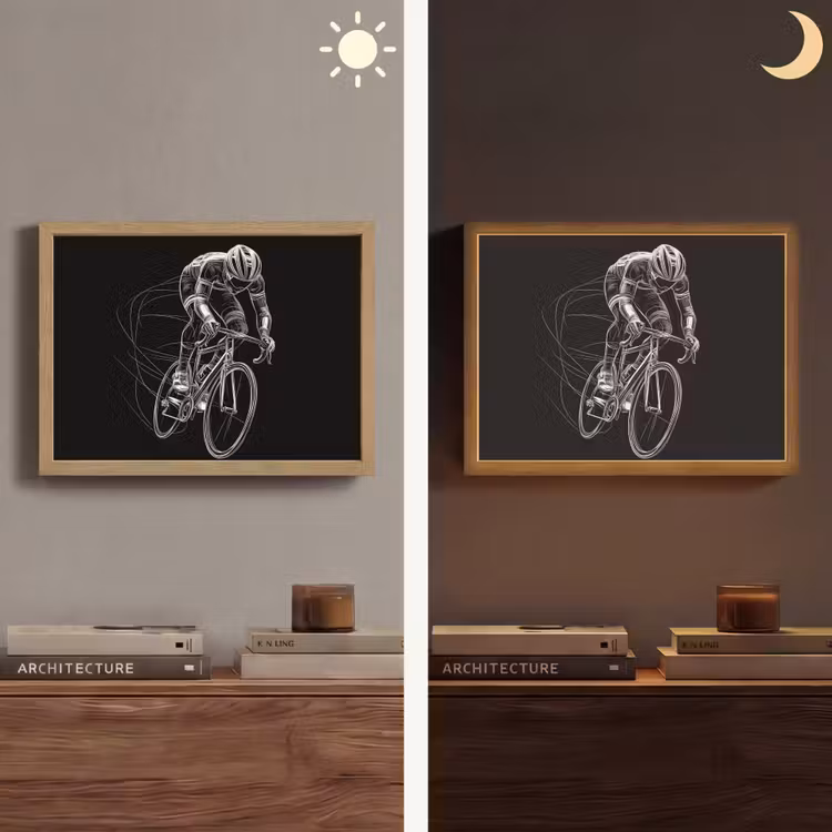 Lijntekening - Wit - Wielrennen - Snelheid Light Box met batterij (Wandlamp) middel -sfeer3