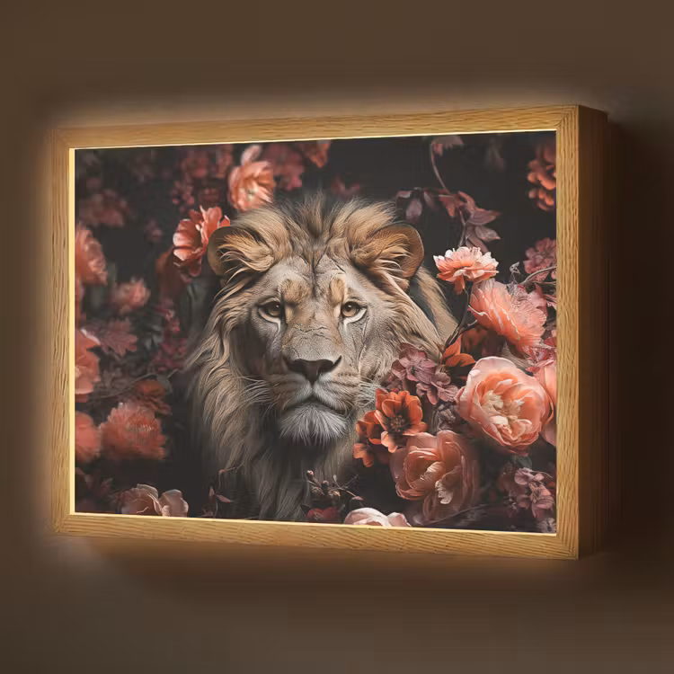 Leeuw - Dier - Natuur - Botanisch - Bloemen - Roze Light Box met batterij (Wandlamp) middel -z3d_website