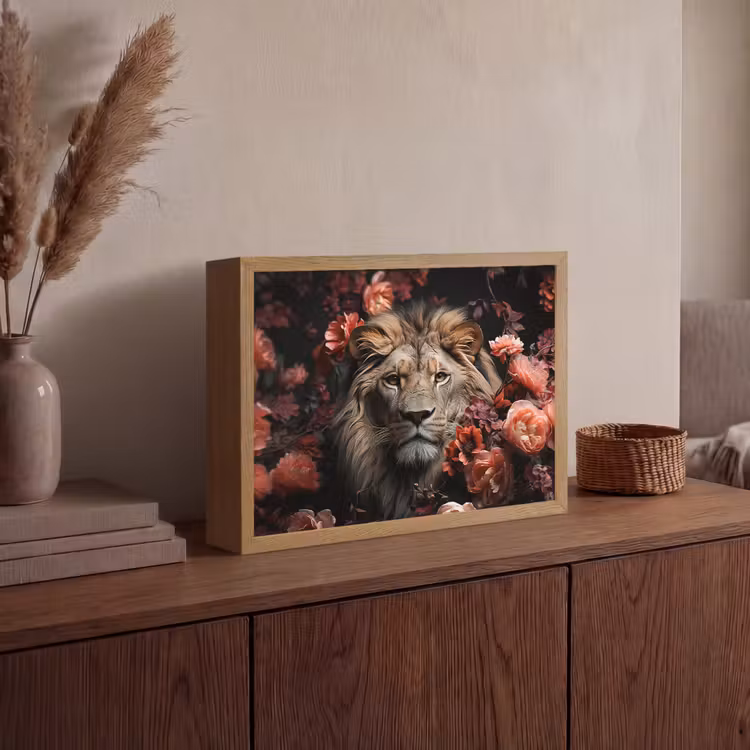 Leeuw - Dier - Natuur - Botanisch - Bloemen - Roze Light Box met batterij (Wandlamp) middel -sfeer2