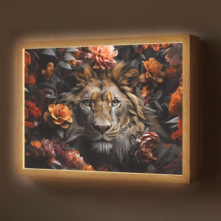 Leeuw - Dier - Natuur - Bloemen - Botanisch Light Box met batterij (Wandlamp) middel -z3d_website