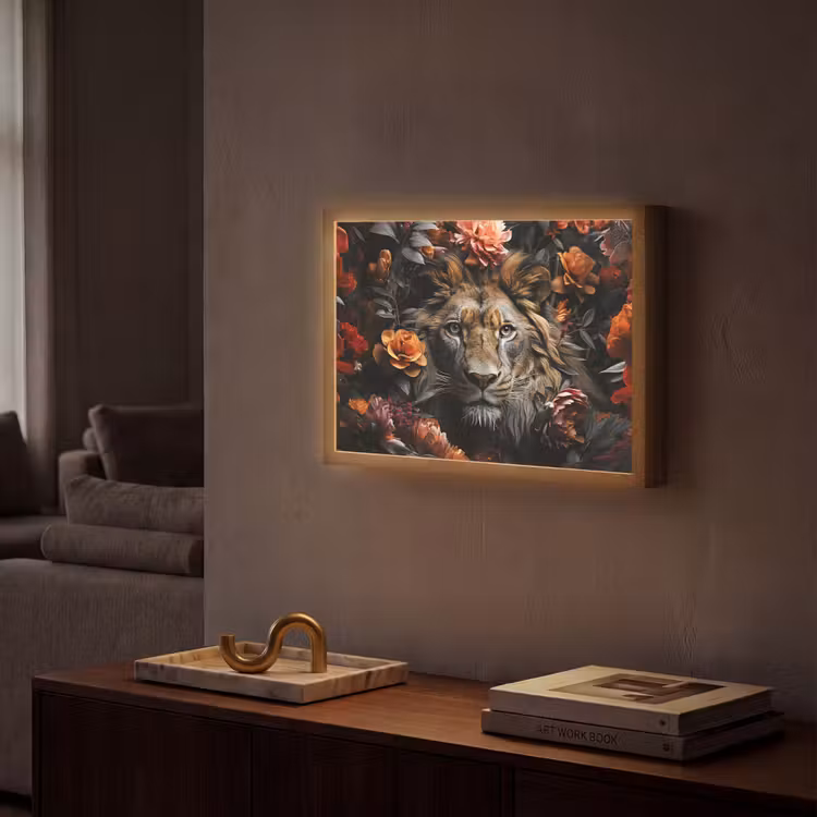 Leeuw - Dier - Natuur - Bloemen - Botanisch Light Box met batterij (Wandlamp) middel -sfeer1